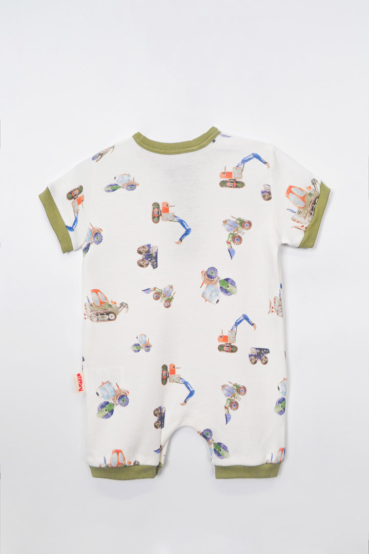 Yarım Kollu Kısa İş Makineleri Desenli (Yeşil Biyeli) Erkek Bebek Tulum