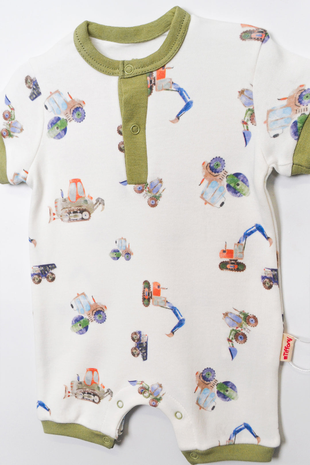 Yarım Kollu Kısa İş Makineleri Desenli (Yeşil Biyeli) Erkek Bebek Tulum