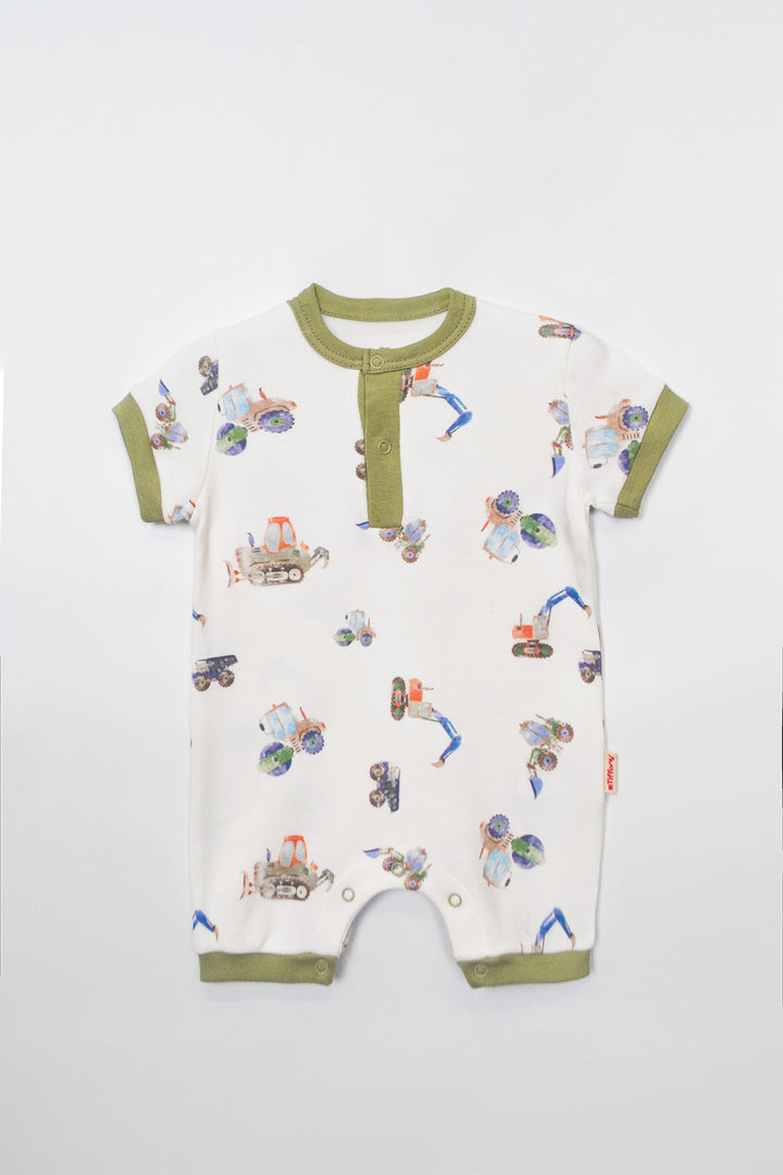 Yarım Kollu Kısa İş Makineleri Desenli (Yeşil Biyeli) Erkek Bebek Tulum