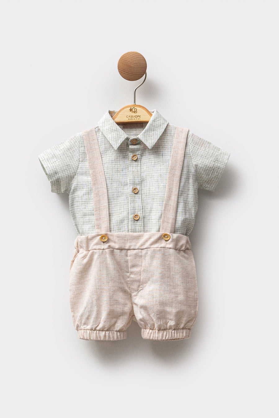 Askılı Şortlu Tulum ve Kısa Kollu Gömlek Yazlık Bayramlık Erkek Bebek Salopet Takım