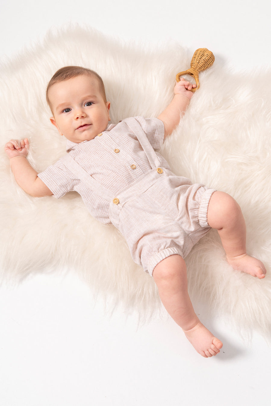 Askılı Şortlu Tulum ve Kısa Kollu Gömlek Yazlık Bayramlık Erkek Bebek Salopet Takım