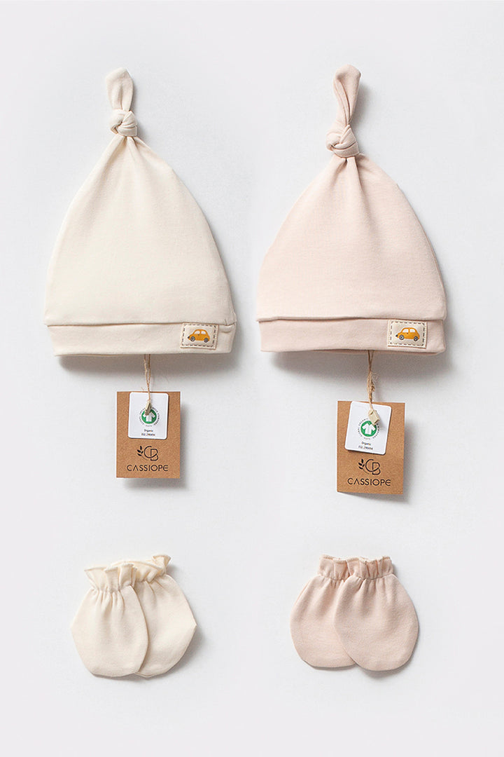 Organik Pamuklu Düğüm Detaylı Mevsimlik Şapka Eldiven Kız ve Erkek Bebek Yenidoğan