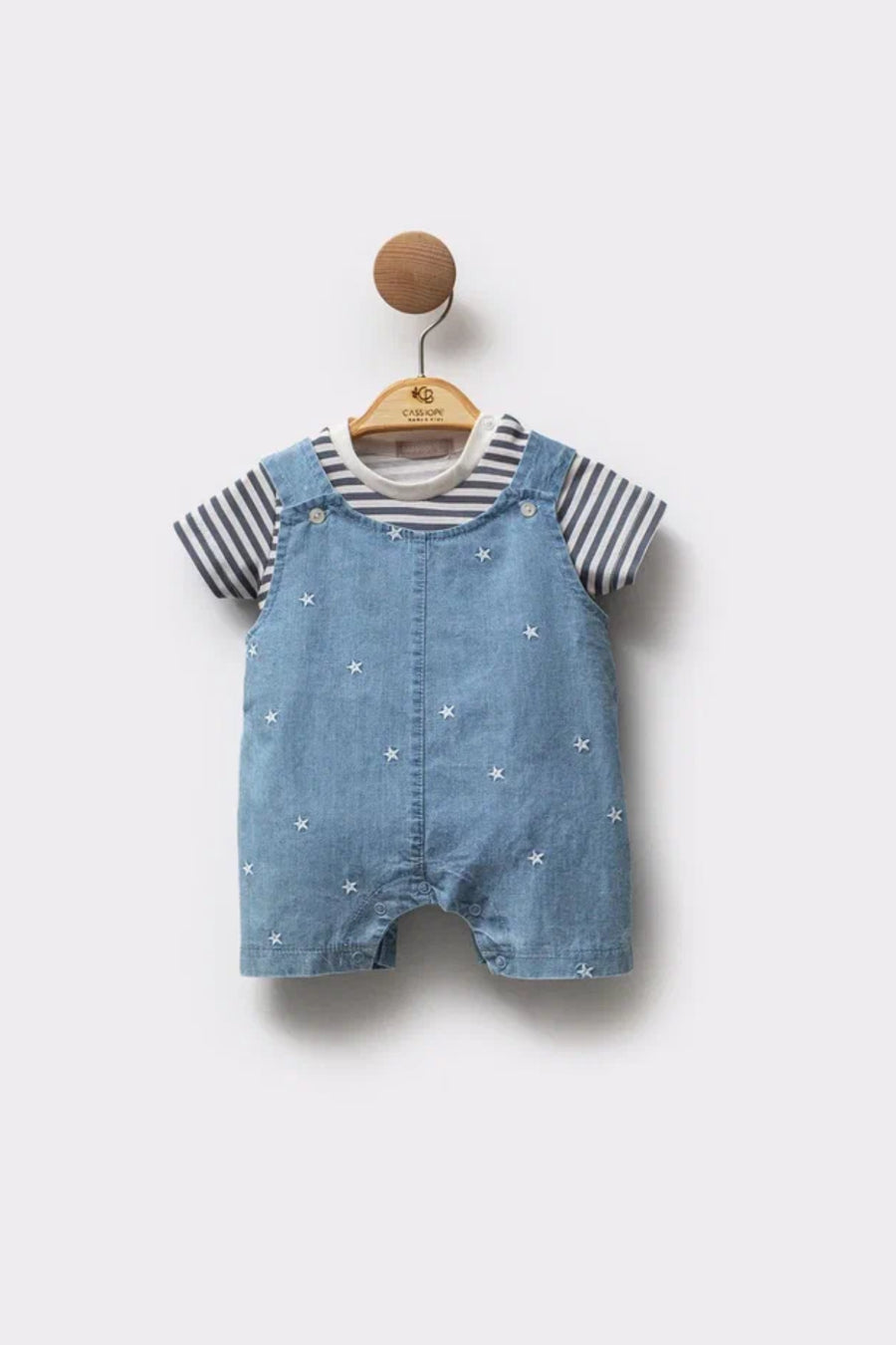 Kot Yıldız Desenli Şort Tulum ve Çizgili T-shirt Yazlık Rahat Erkek Bebek Salopet