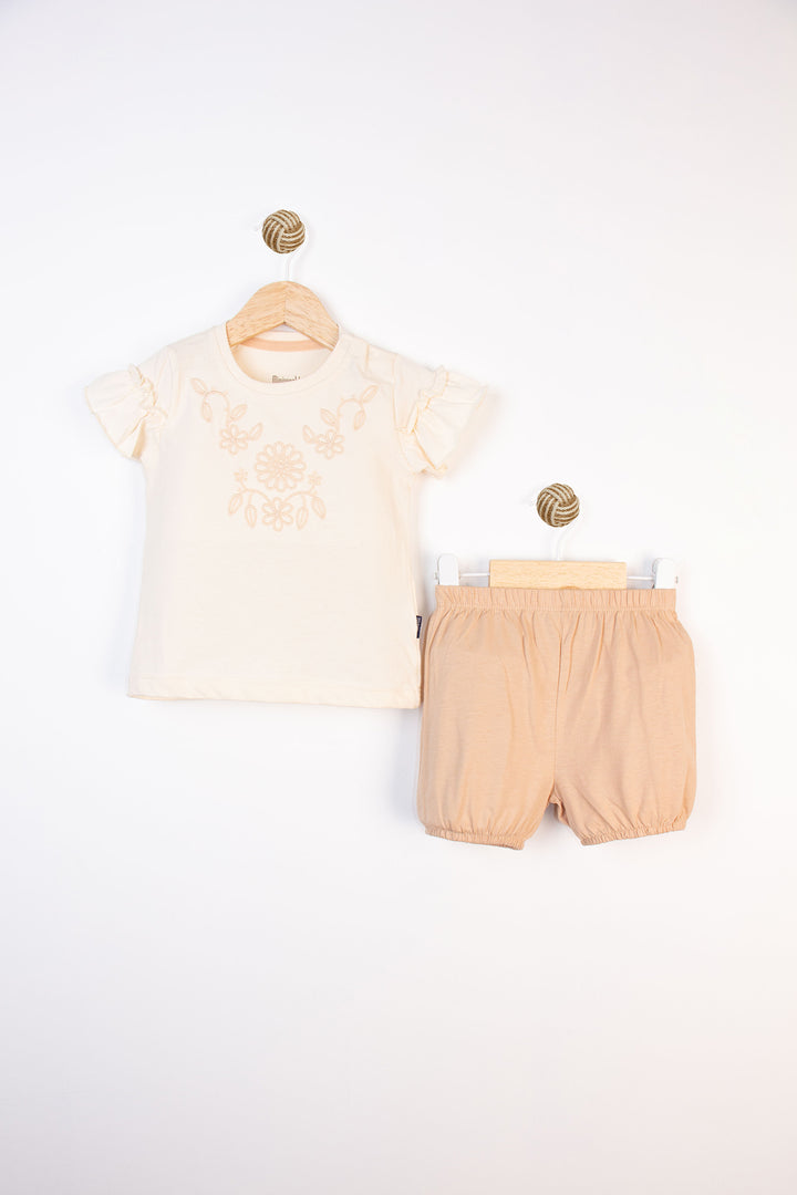 Yazlık Kısa Kollu Fırfırlı Beli Lastikli Nakışlı Pamuklu Rahat Günlük Kız Bebek Takım
