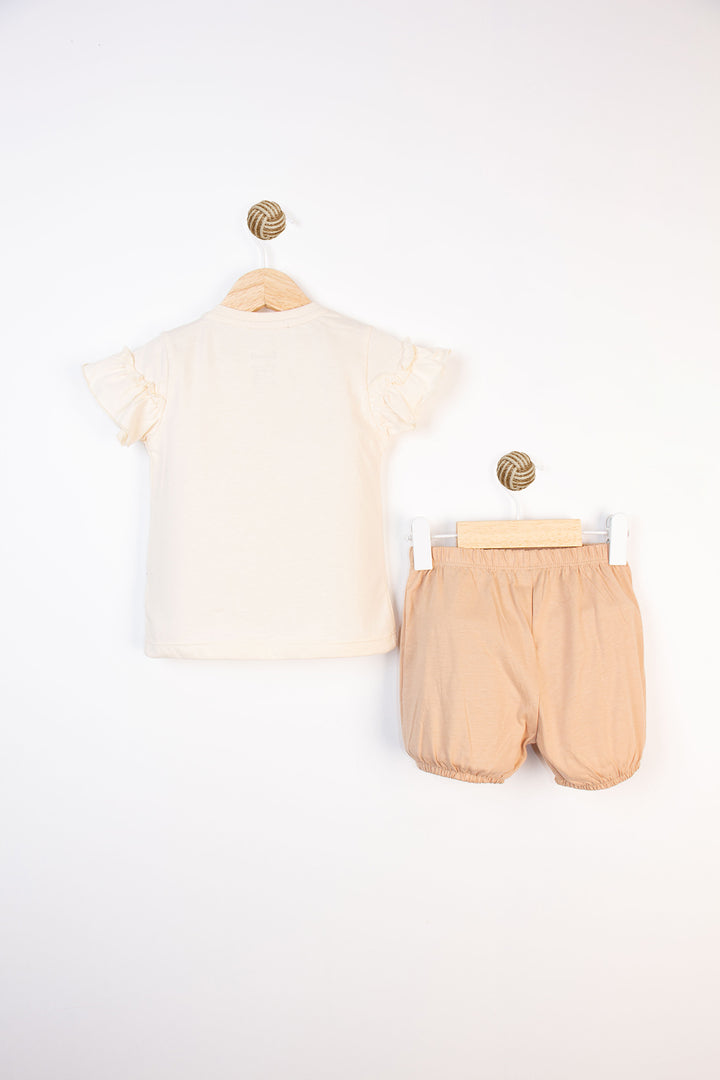 Yazlık Kısa Kollu Fırfırlı Beli Lastikli Nakışlı Pamuklu Rahat Günlük Kız Bebek Takım