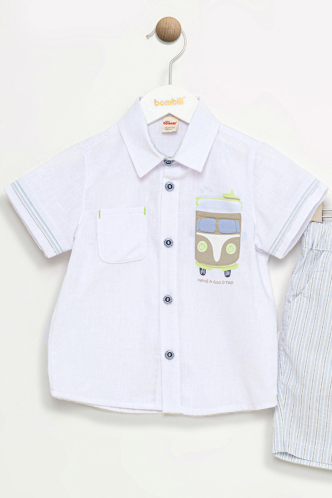 Kısa Kollu Düğmeli Nakışlı Gömlek Çizgili Lastikli Cepli Pamuklu Şort Erkek Bebek Takım