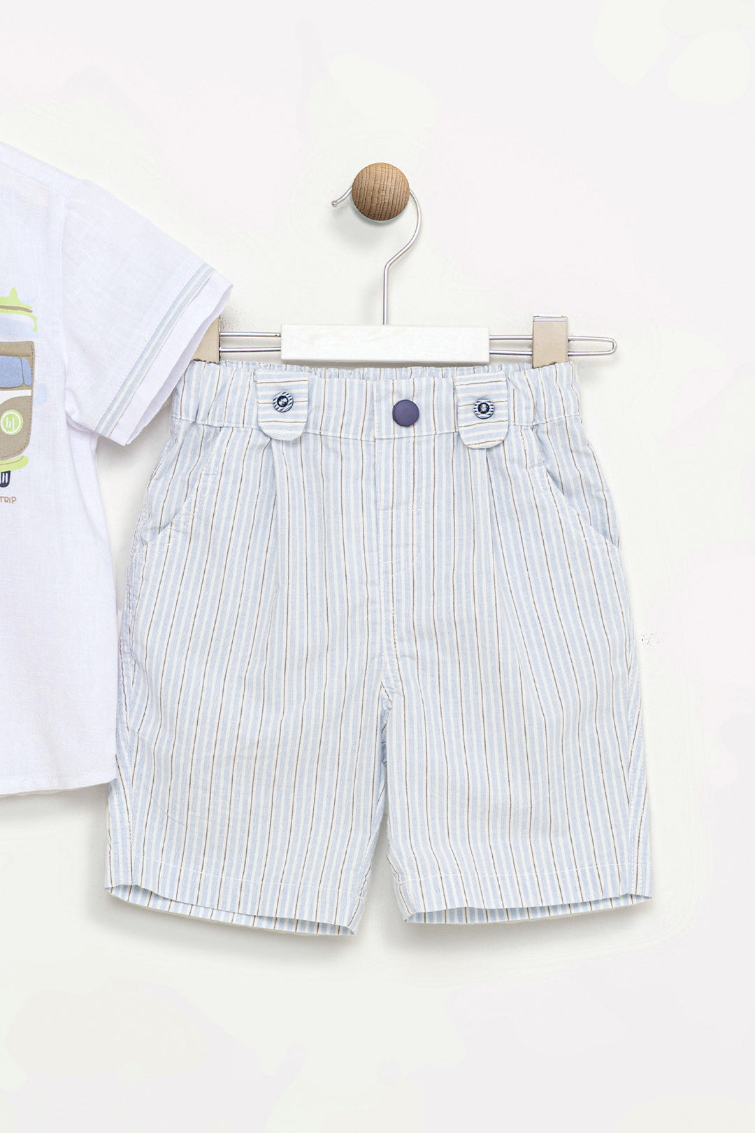 Kısa Kollu Düğmeli Nakışlı Gömlek Çizgili Lastikli Cepli Pamuklu Şort Erkek Bebek Takım