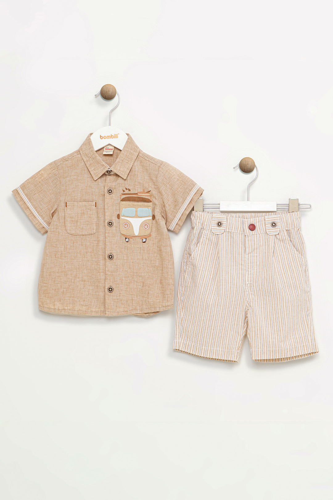 Kısa Kollu Düğmeli Nakışlı Gömlek Çizgili Lastikli Cepli Pamuklu Şort Erkek Bebek Takım