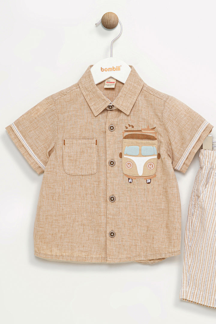 Kısa Kollu Düğmeli Nakışlı Gömlek Çizgili Lastikli Cepli Pamuklu Şort Erkek Bebek Takım