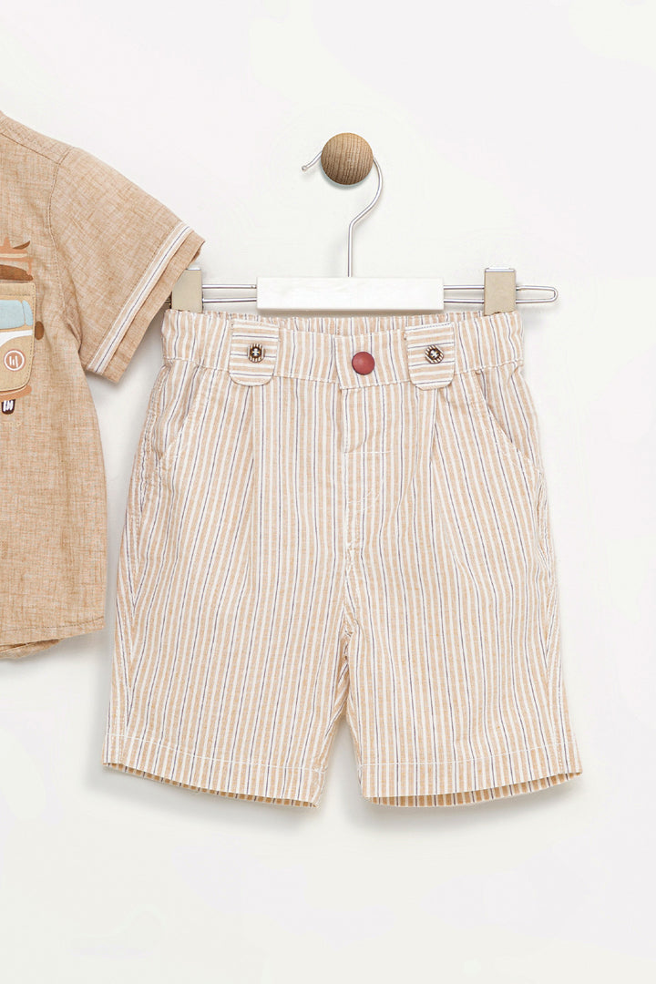 Kısa Kollu Düğmeli Nakışlı Gömlek Çizgili Lastikli Cepli Pamuklu Şort Erkek Bebek Takım