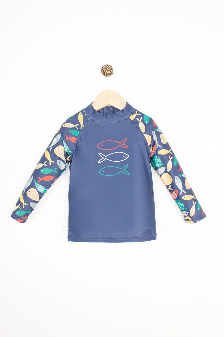 Uzun Kollu Balık Desenli Bisiklet Yaka Yumuşak Esnek Hızlı Kuruyan Erkek Bebek Mayo