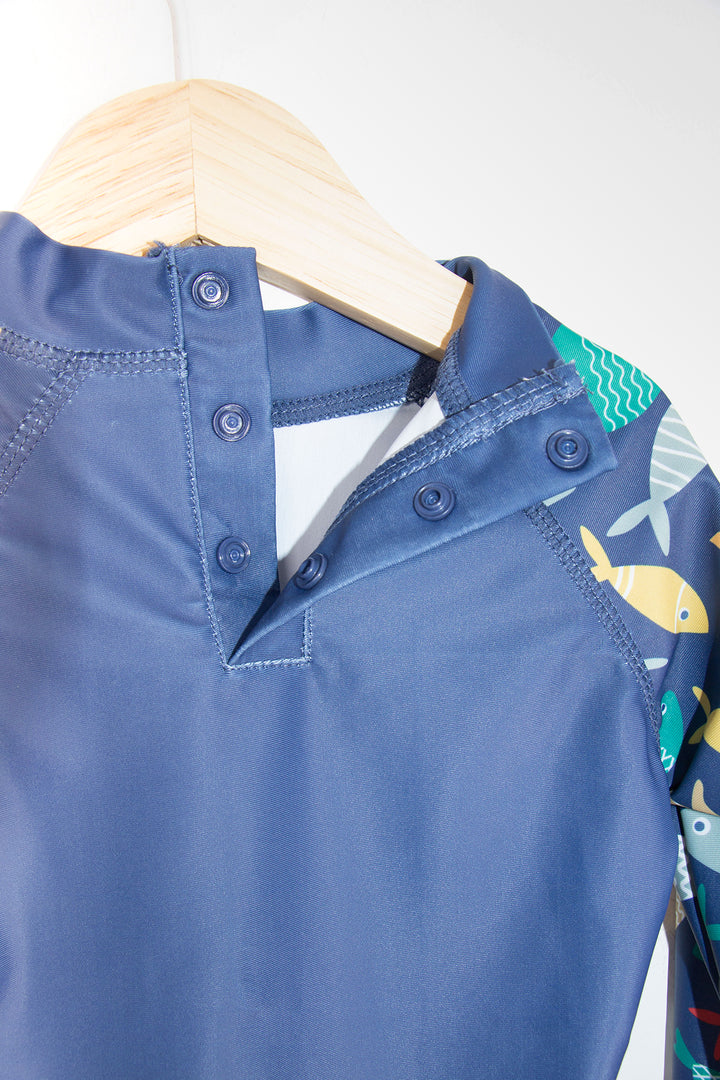 Uzun Kollu Balık Desenli Bisiklet Yaka Yumuşak Esnek Hızlı Kuruyan Erkek Bebek Mayo