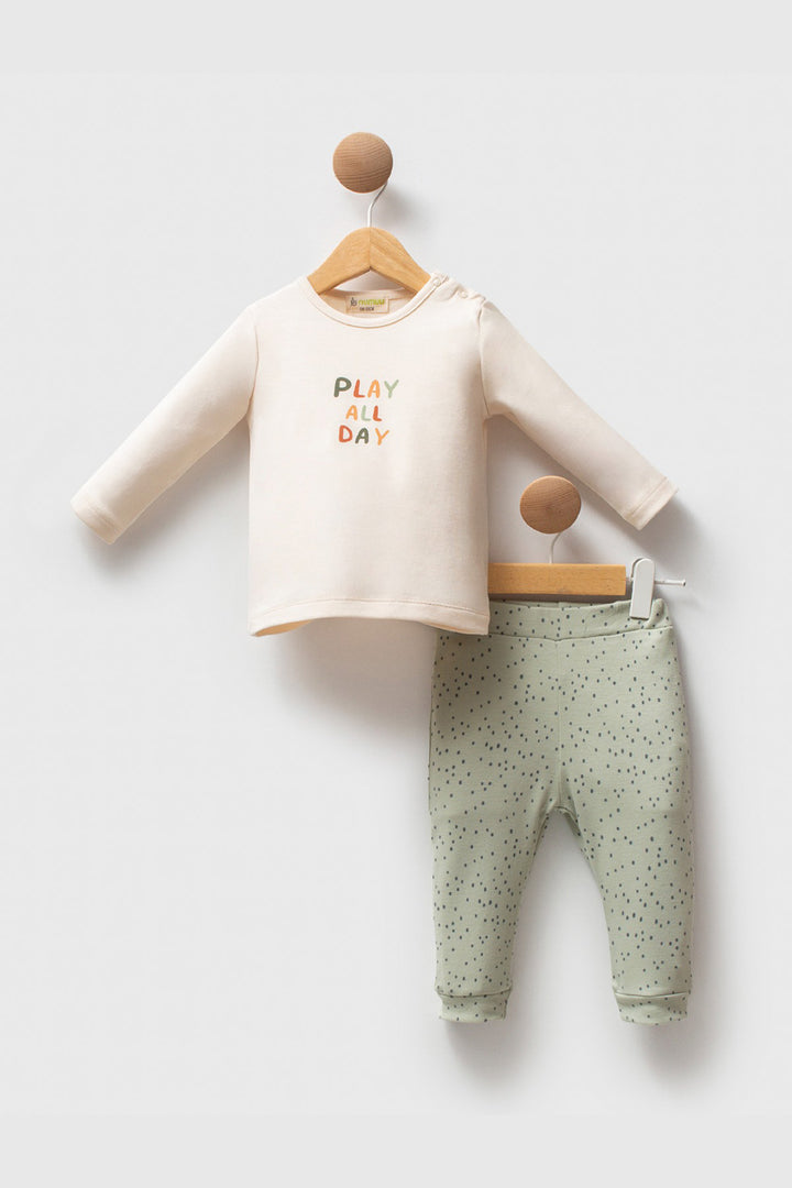 Uzun Kollu Baskılı Üst ve Desenli Alt Pamuklu Kumaş Günlük Rahat 2’li Erkek Bebek Takım