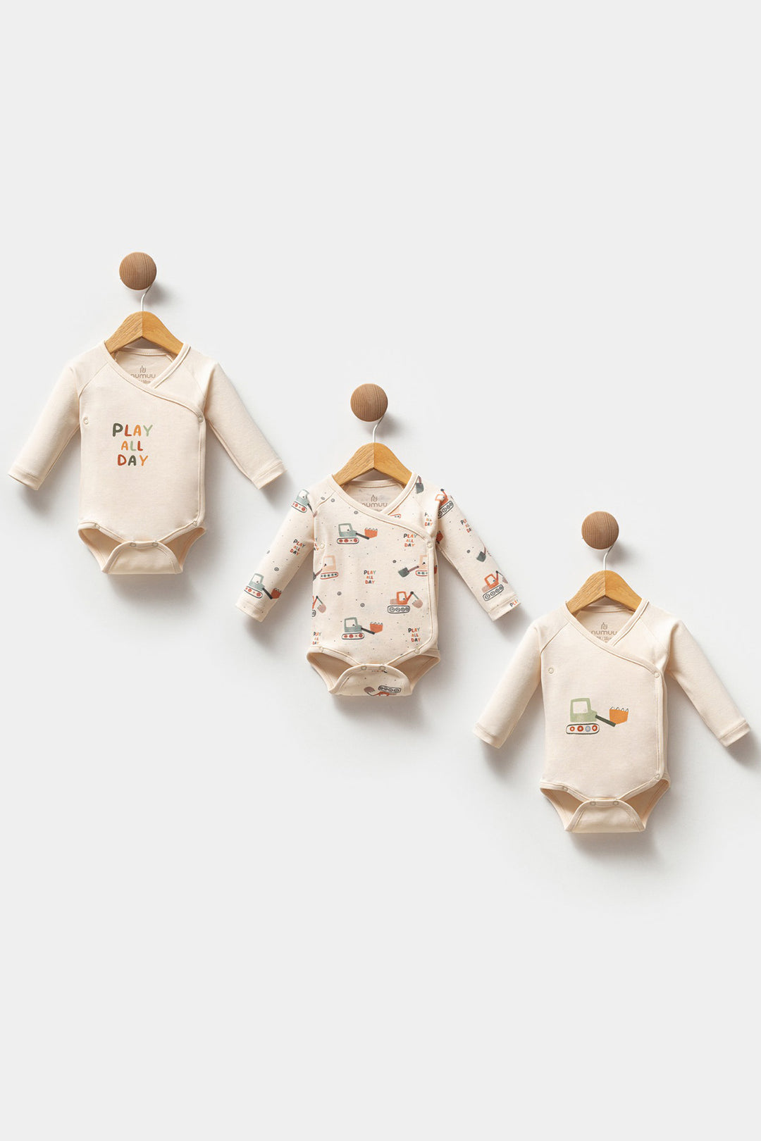Uzun Kollu “Play All Day” Temalı Yandan Çıtçıtlı Organik Pamuklu 3lü Erkek Bebek Body
