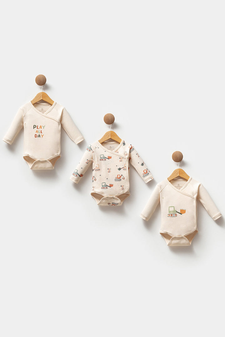 Uzun Kollu “Play All Day” Temalı Yandan Çıtçıtlı Organik Pamuklu 3lü Erkek Bebek Body