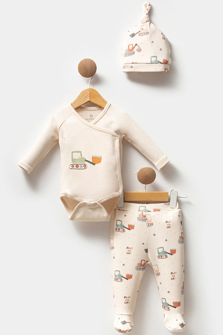 Yandan Çıtçıtlı Body Desenli Alt ve Şapka Pamuklu Günlük 3lü Patikli Erkek Bebek Takım