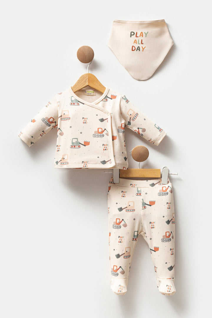 Yandan Bağlamalı Üst Patikli Alt ve Mama Önlüğü Pamuk Yumuşak 3'lü Erkek Bebek Takım