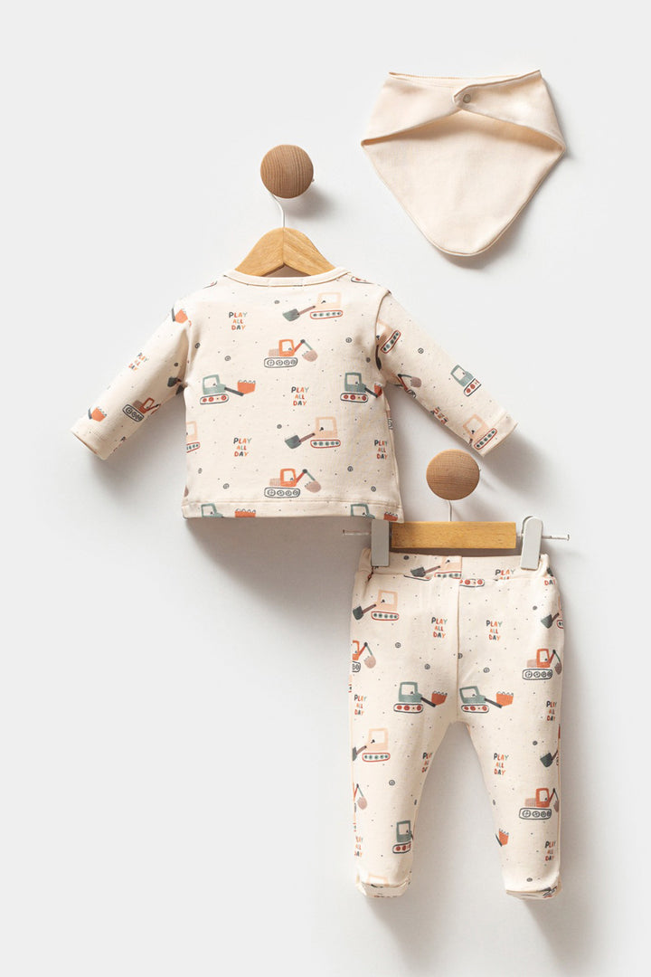 Yandan Bağlamalı Üst Patikli Alt ve Mama Önlüğü Pamuk Yumuşak 3'lü Erkek Bebek Takım
