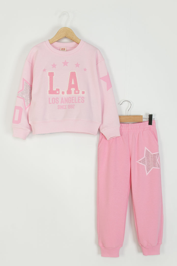 Kız Çocuk Los Angeles Baskılı Eşofman Takımı Taşlı Yıldız Detaylı Rahat Kalıp