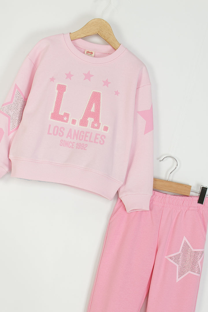 Kız Çocuk Los Angeles Baskılı Eşofman Takımı Taşlı Yıldız Detaylı Rahat Kalıp