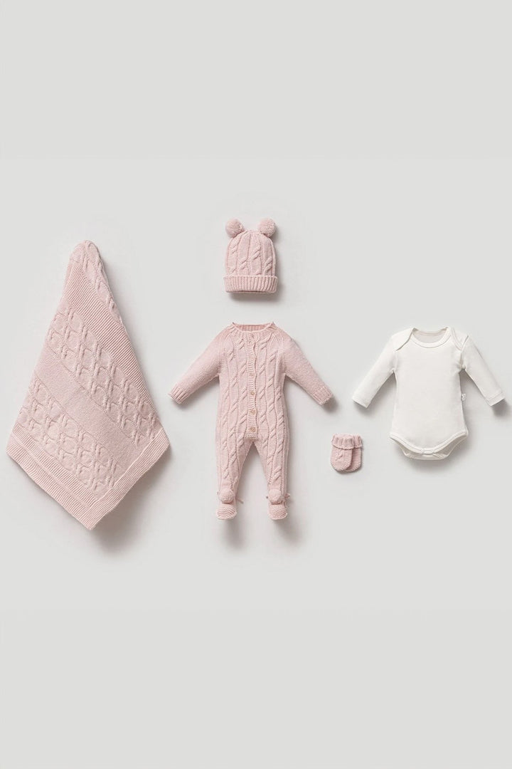 Örgü Desenli Patikli Tulum Battaniye Bere Eldiven ve Body Kız Bebek Hastane Çıkış Seti
