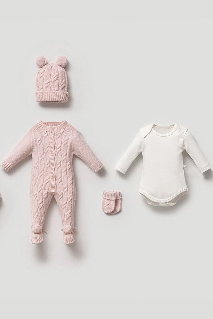 Örgü Desenli Patikli Tulum Battaniye Bere Eldiven ve Body Kız Bebek Hastane Çıkış Seti