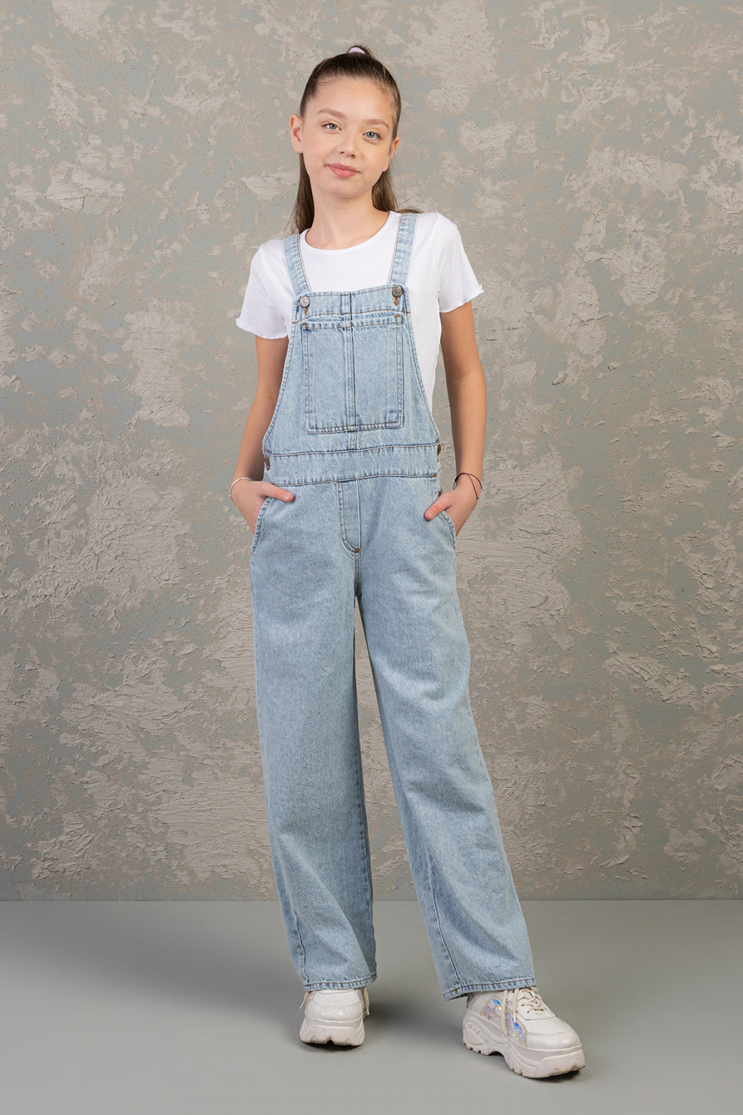 Rahat Geniş Paça Cepli Denim Salopet Jean Kız Çocuk Tulum