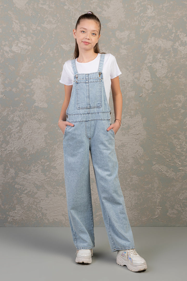 Rahat Geniş Paça Cepli Denim Salopet Jean Kız Çocuk Tulum