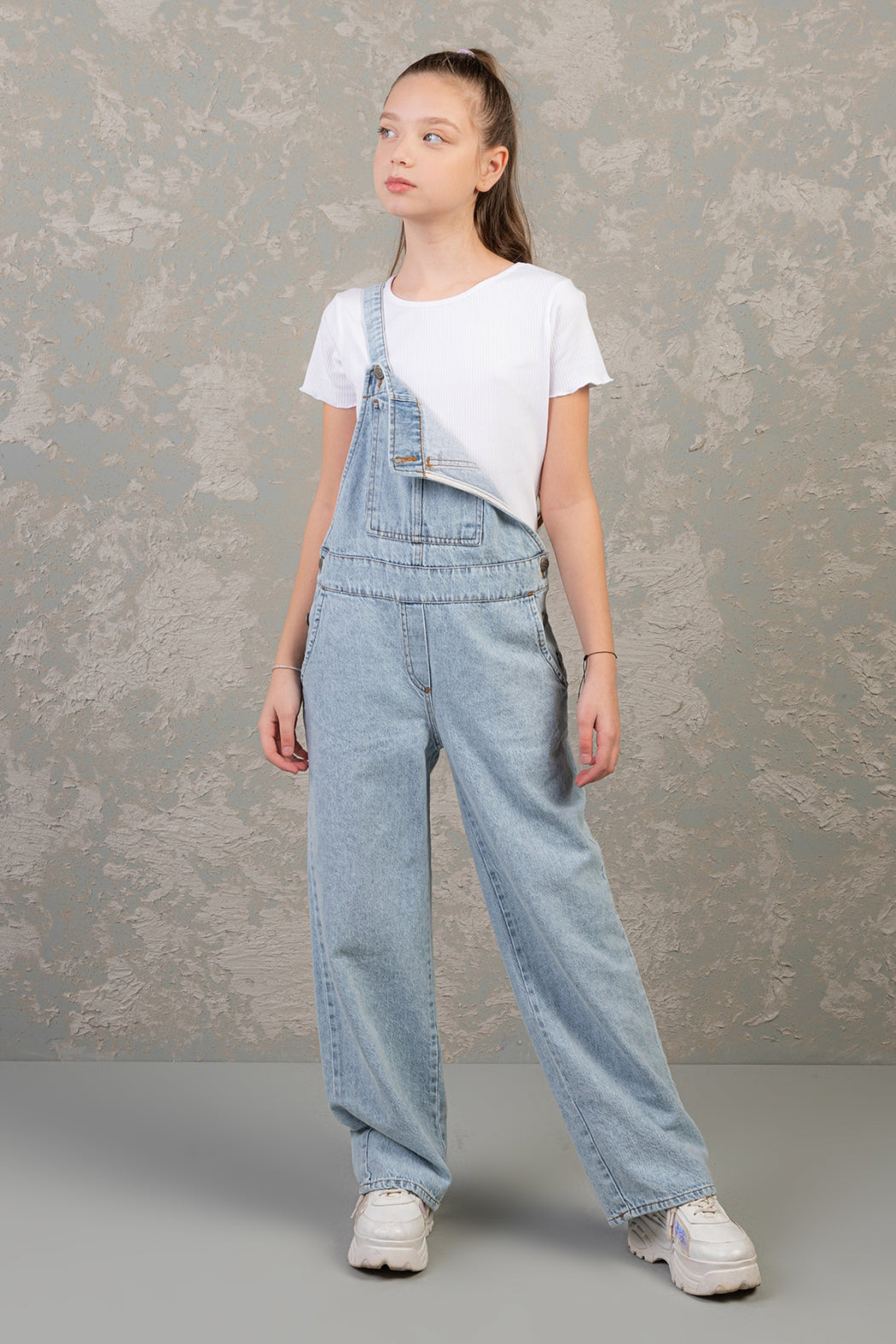 Rahat Geniş Paça Cepli Denim Salopet Jean Kız Çocuk Tulum