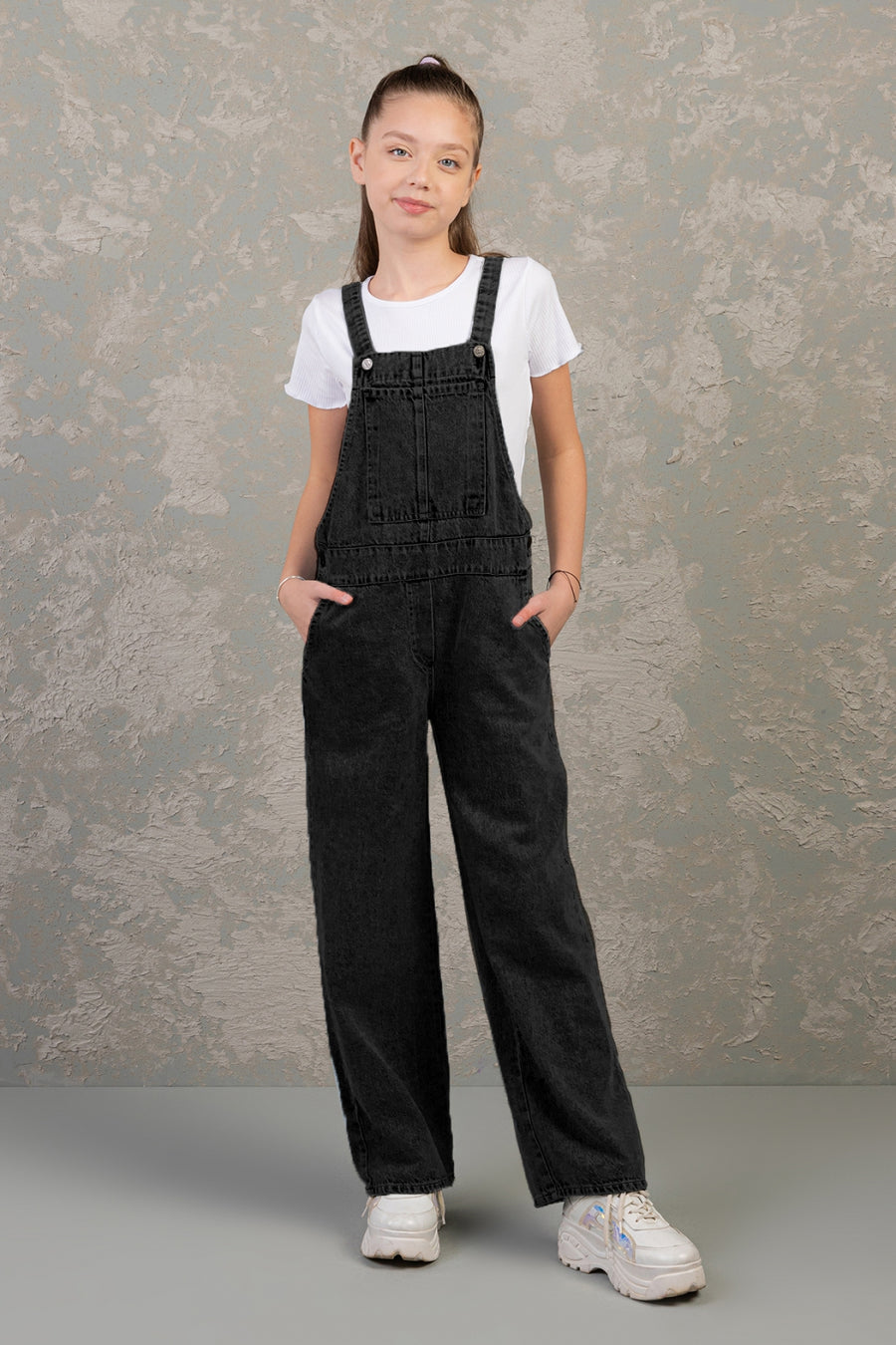 Rahat Geniş Paça Cepli Denim Salopet Jean Kız Çocuk Tulum