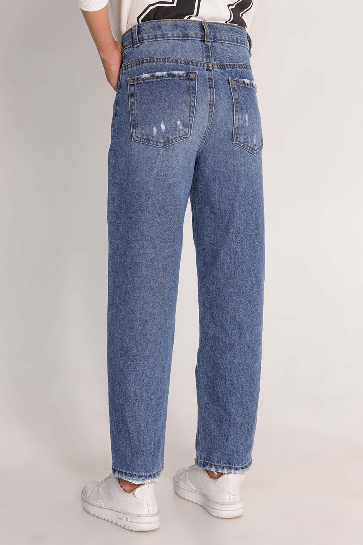 Yüksek Bel Beli Ayarlanabilir Cepli Mom Fit Jean Kız Çocuk Pantolon