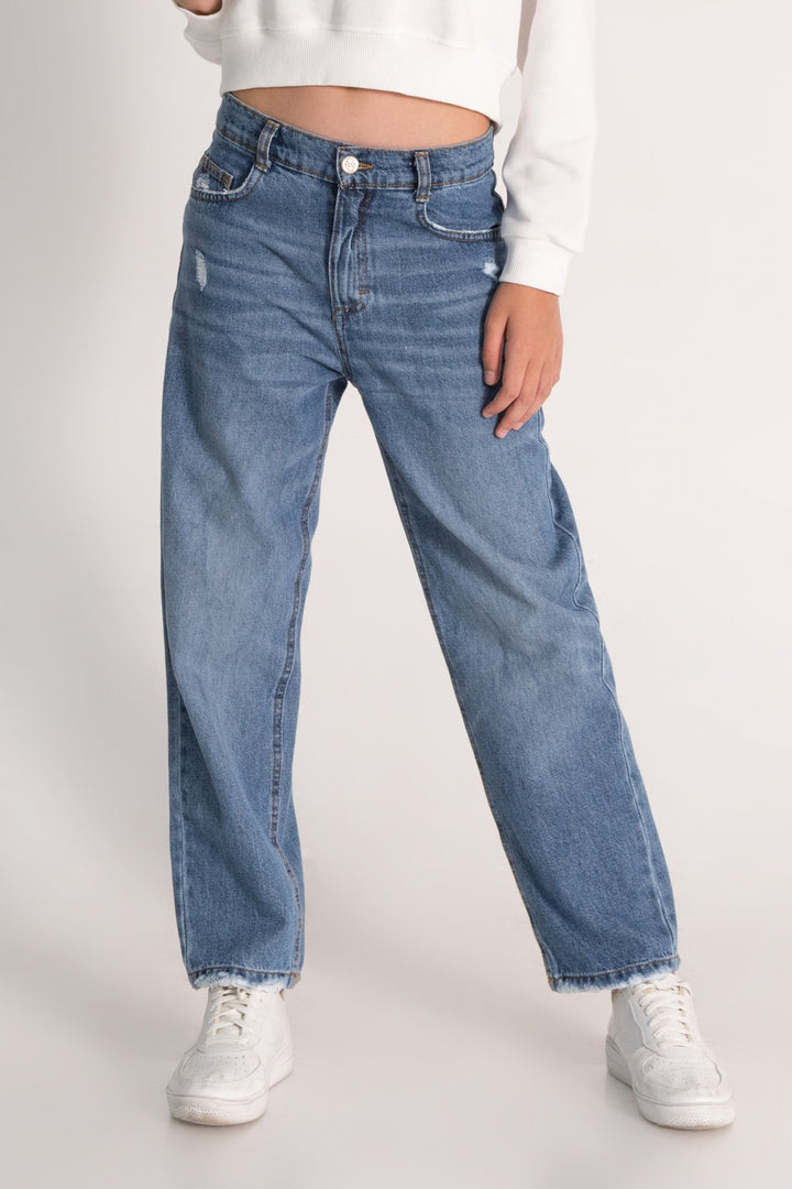 Yüksek Bel Straight Fit Düz Paça Jean Kız Çocuk Kot Pantolon