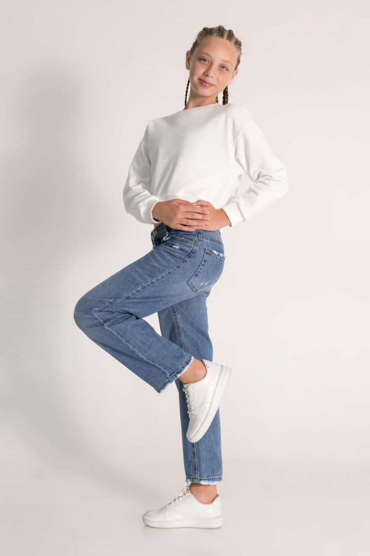 Yüksek Bel Straight Fit Düz Paça Jean Kız Çocuk Kot Pantolon
