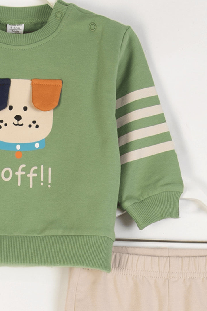Köpek Desenli Sweatshirt ve Beli Lastikli Pantolon 2'li Alt-Üst Erkek Bebek Takım