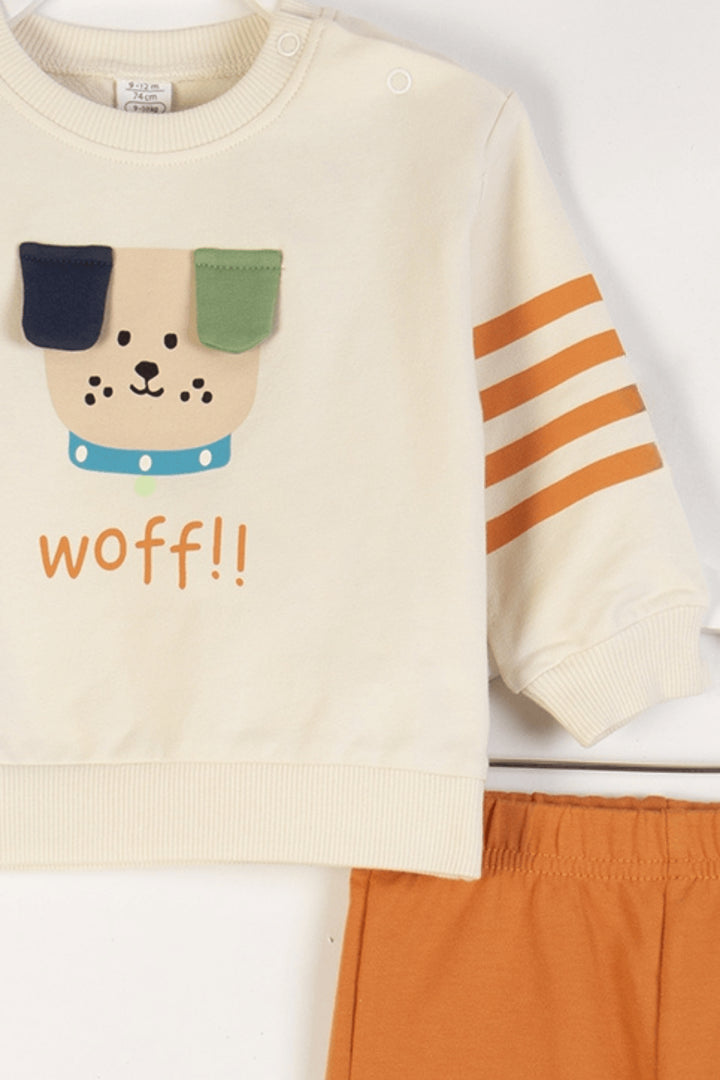 Köpek Desenli Sweatshirt ve Beli Lastikli Pantolon 2'li Alt-Üst Erkek Bebek Takım