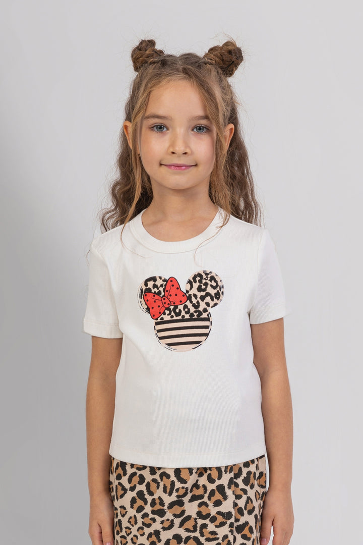 Leopar Mickey Desenli Baskılı Fitilli Pamuklu Kız Çocuk Body