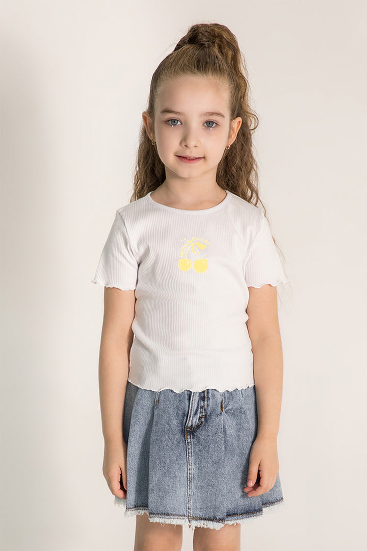 Kiraz Desenli Ribanalı Kol Ucu Dalgalı Pamuklu Kısa Kol Kız Çocuk T-shirt