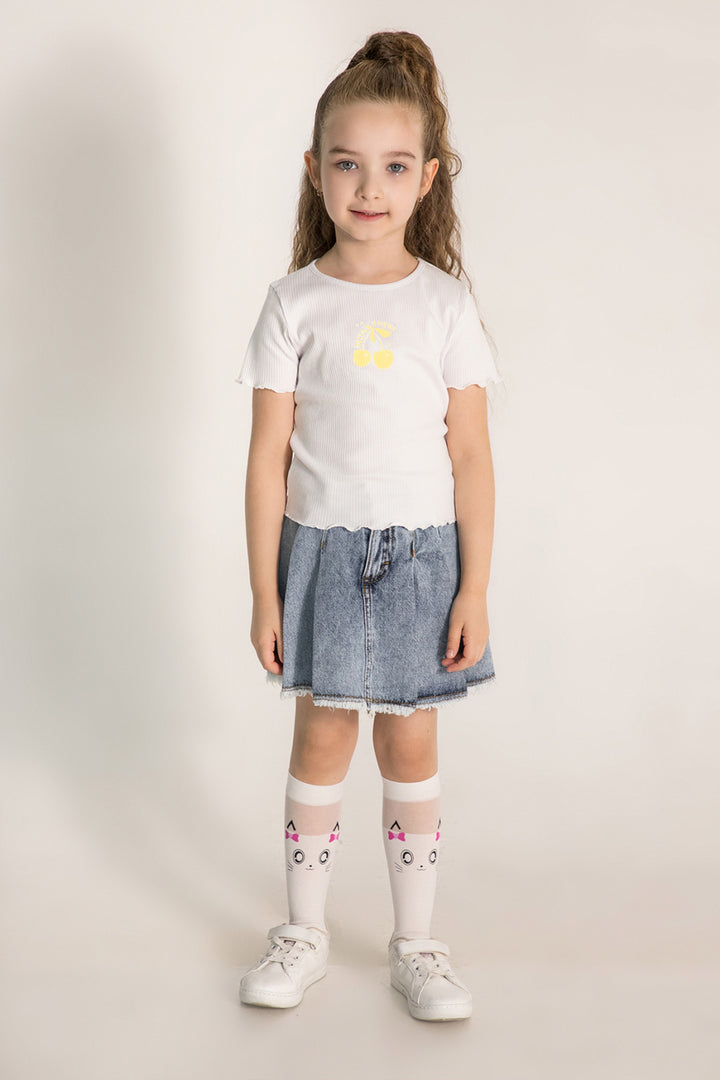 Kiraz Desenli Ribanalı Kol Ucu Dalgalı Pamuklu Kısa Kol Kız Çocuk T-shirt