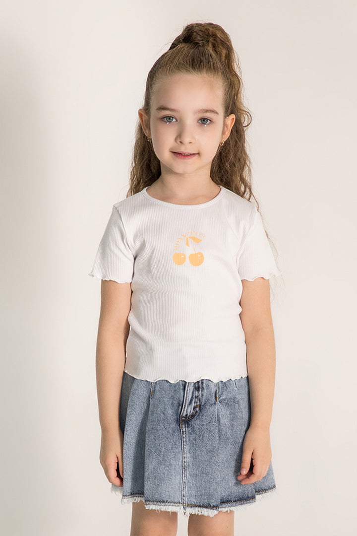 Kiraz Desenli Ribanalı Kol Ucu Dalgalı Pamuklu Kısa Kol Kız Çocuk T-shirt