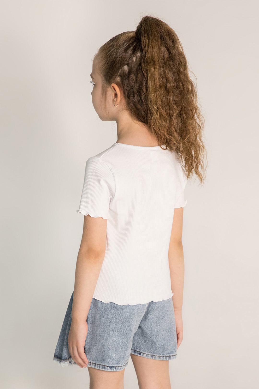 Kiraz Desenli Ribanalı Kol Ucu Dalgalı Pamuklu Kısa Kol Kız Çocuk T-shirt
