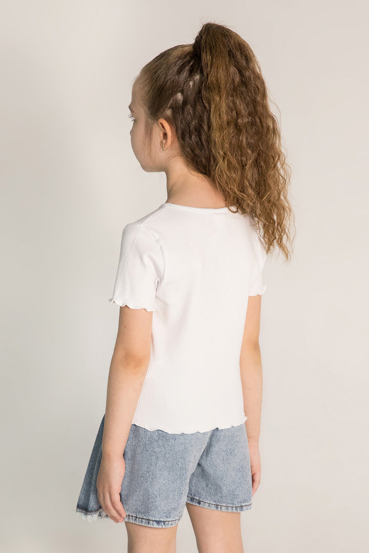 Kiraz Desenli Ribanalı Kol Ucu Dalgalı Pamuklu Kısa Kol Kız Çocuk T-shirt