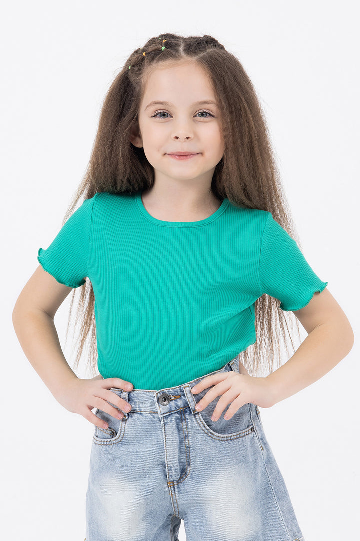 Pamuklu Ribana Kumaş Fitilli Esnek Kısa Kollu Yuvarlak Yaka Basic Kız Çocuk Body