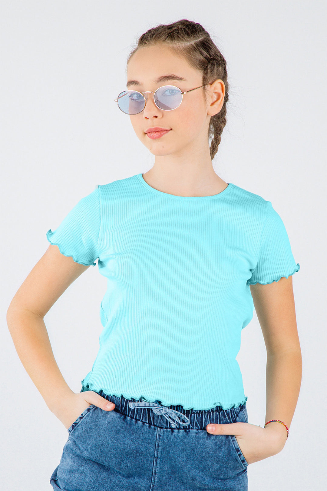 Pamuklu Ribana Kumaş Fitilli Esnek Kısa Kollu Yuvarlak Yaka Basic Kız Çocuk Body