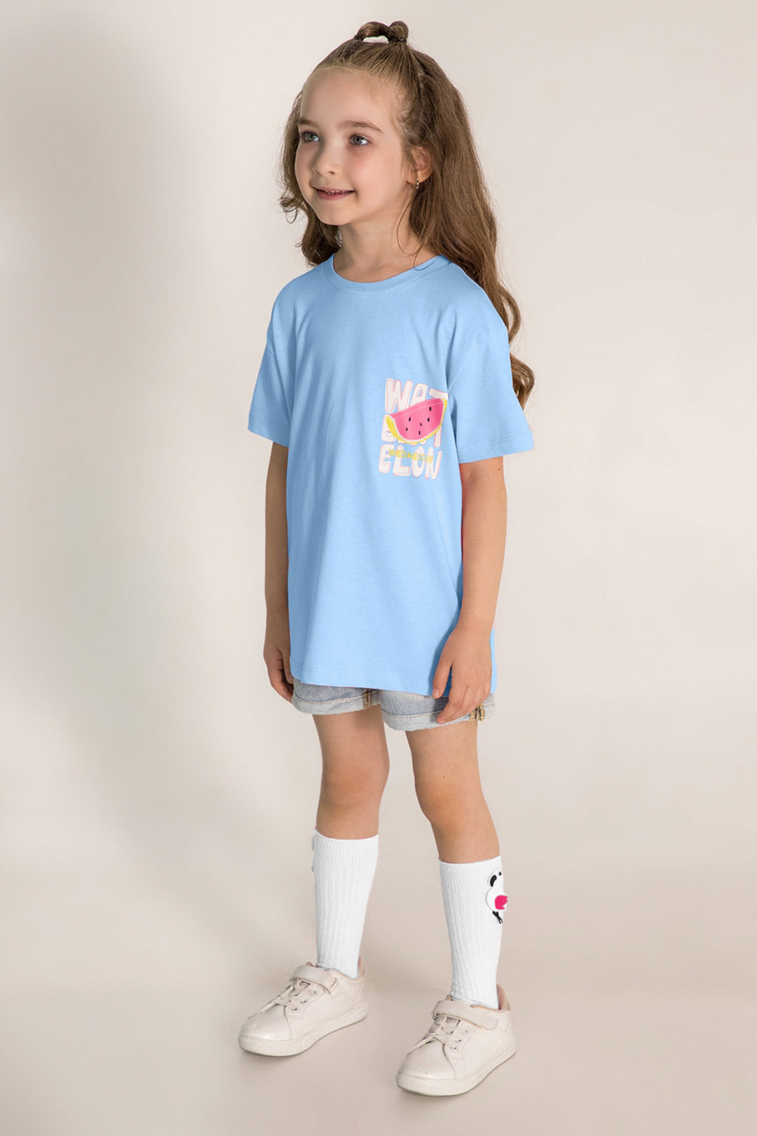 Renkli Baskılı Kısa Kollu Desenli Pamuklu Günlük Rahat Kız Çocuk T-shirt