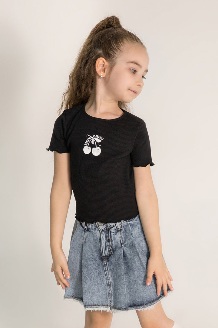 Kiraz Desenli Ribanalı Kol Ucu Dalgalı Pamuklu Kısa Kol Kız Çocuk T-shirt