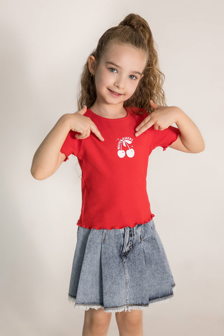 Kiraz Desenli Ribanalı Kol Ucu Dalgalı Pamuklu Kısa Kol Kız Çocuk T-shirt