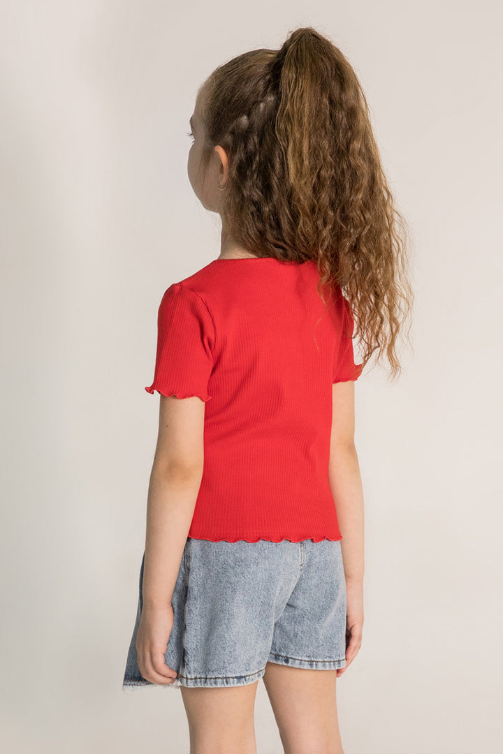 Kiraz Desenli Ribanalı Kol Ucu Dalgalı Pamuklu Kısa Kol Kız Çocuk T-shirt