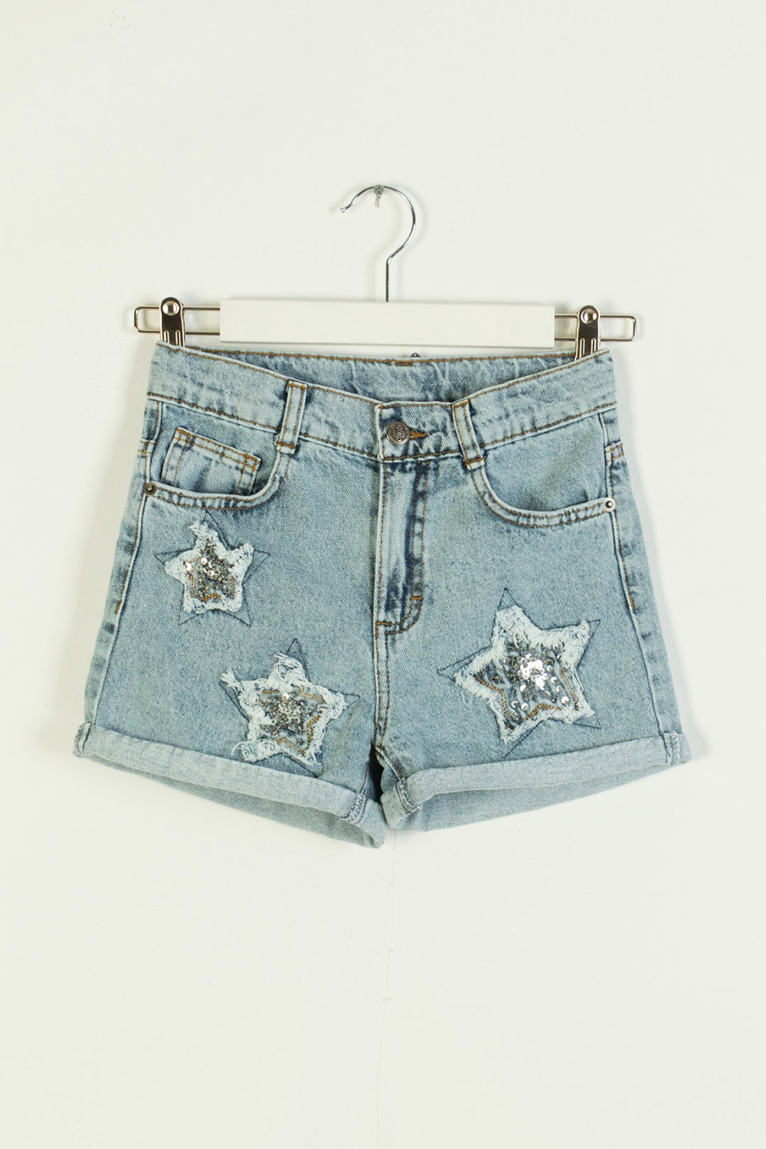 Yüksek Bel Pul Payet Yıldız Detaylı Cepli Yazlık Kısa Denim Günlük Kız Çocuk Şort