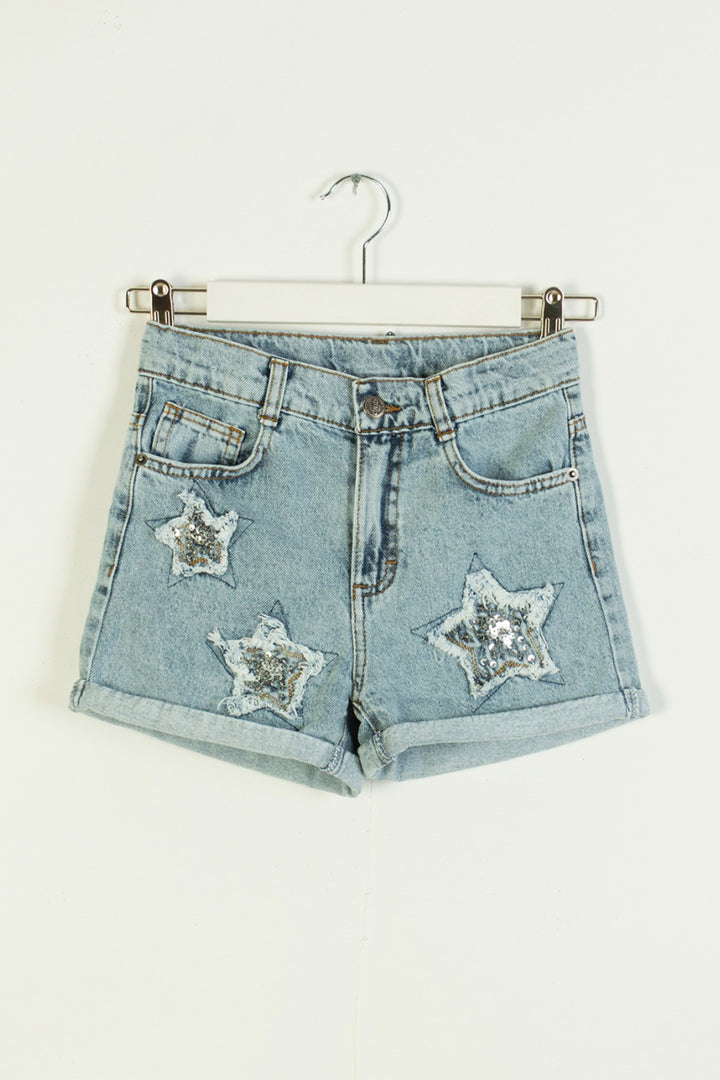 Yüksek Bel Pul Payet Yıldız Detaylı Cepli Yazlık Kısa Denim Günlük Kız Çocuk Şort