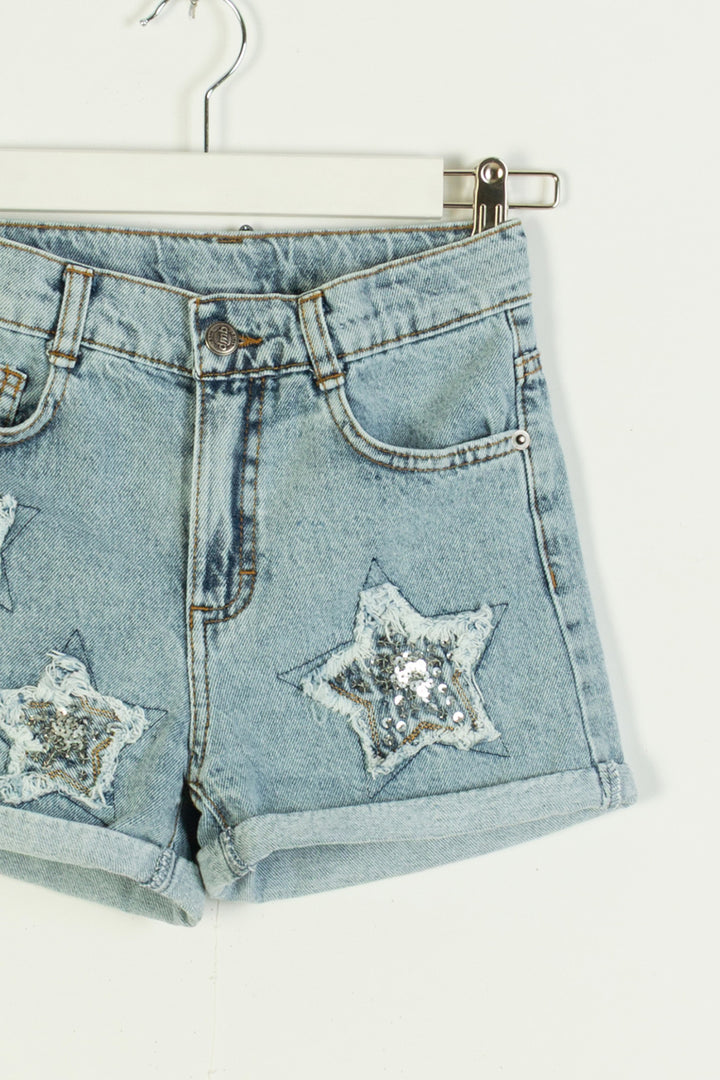 Yüksek Bel Pul Payet Yıldız Detaylı Cepli Yazlık Kısa Denim Günlük Kız Çocuk Şort